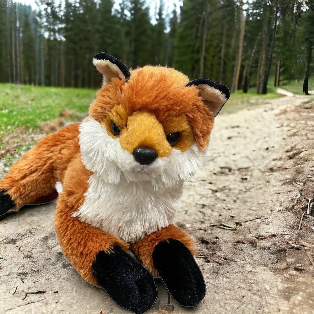 Aurora Realistic Fox Plush Laying Down Stuffed Animal Toy with Bushy Tail